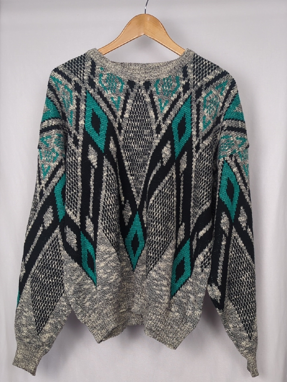 VINTAGE 80s Teal and Black Patterned Crewneck Sweater